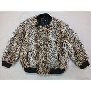 Outer Edge Faux Fur Bomber Jacket Womens 3XL Plus Black Animal Print Zip Up